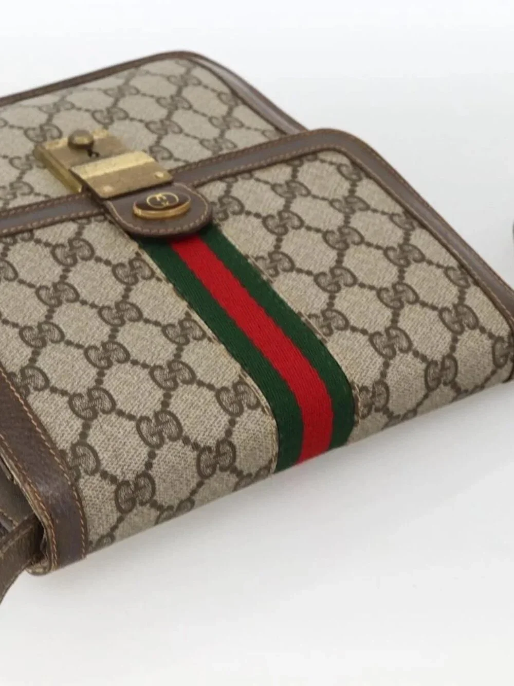 GUCCI GG Supreme Web Sherry Line Shoulder Bag PVC Beige Gold 145857 Auth BA11894